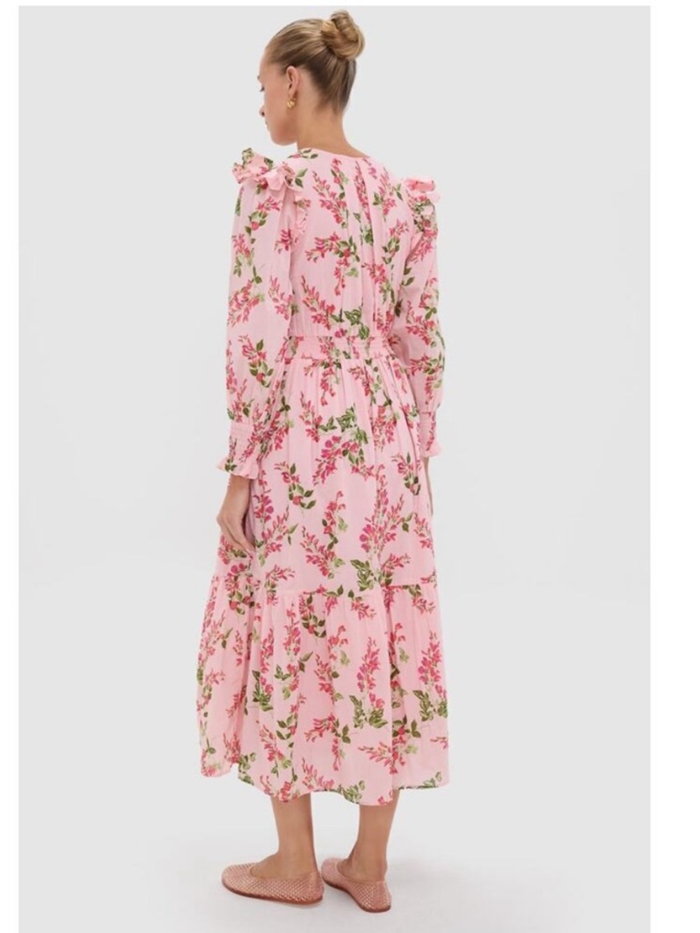 Banjanan Pearl Pink Floral Ruffled Long Sleeve Midi Dress in Wisteria Cabaret M - Picture 5 of 14